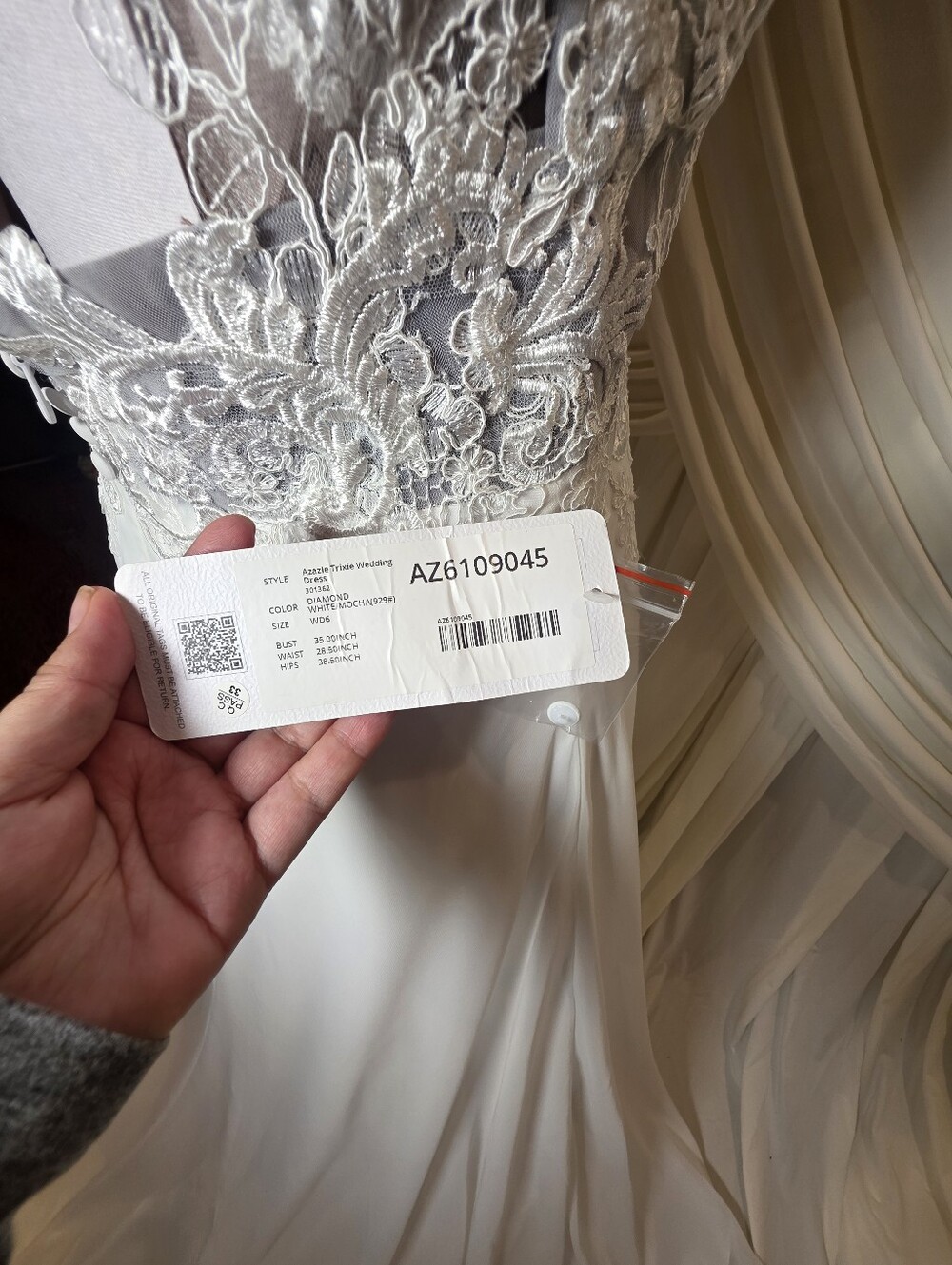 Azazie White Lace Appliqué A-Line Wedding Gown - Picture 10 of 14